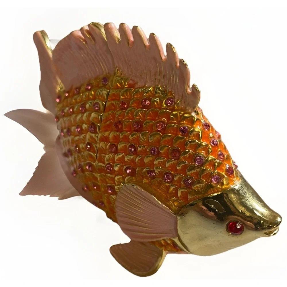 Pesci Austrian Crystal Jeweled Enameled‎ Angel Fish Trinket Box Pink Gold Orange